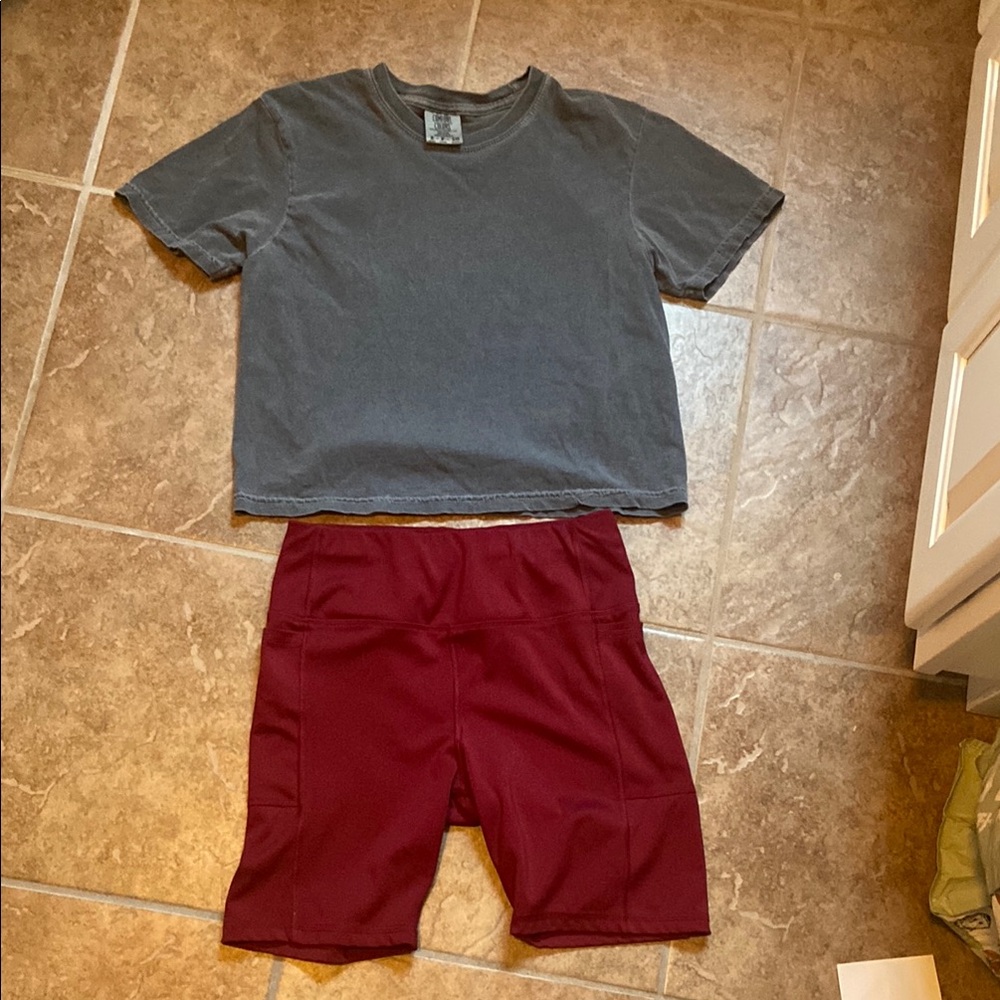 Comfort Colors Charcoal Tee and Athletic Burgundy (medium) Shorts